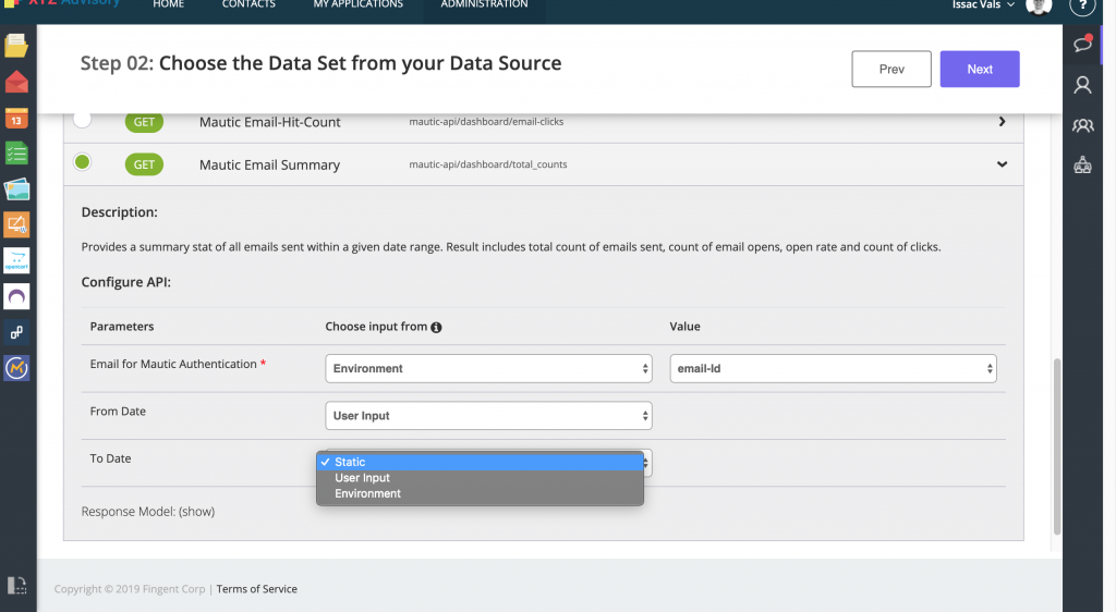 Set the input parameters for the Data Set