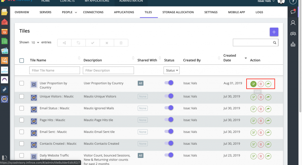Edit, Delete or Change Sharing from Tiles listing in Administration