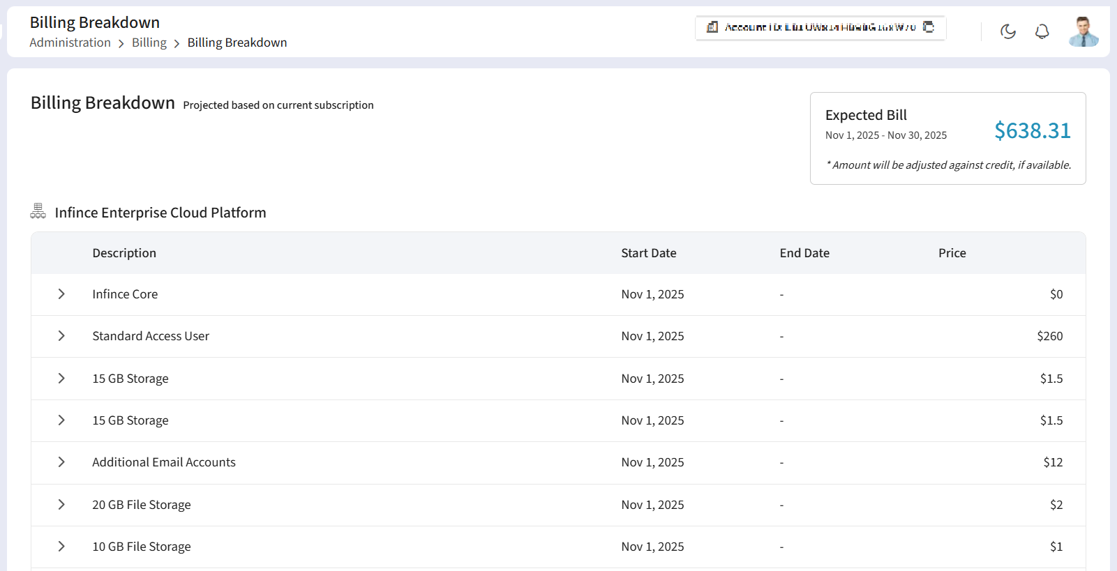 Billing Overview and Usage Details - Infince