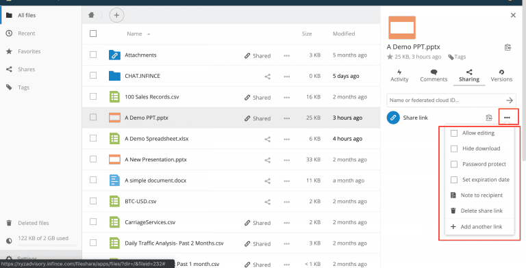 Setting controls and permissions for File share link