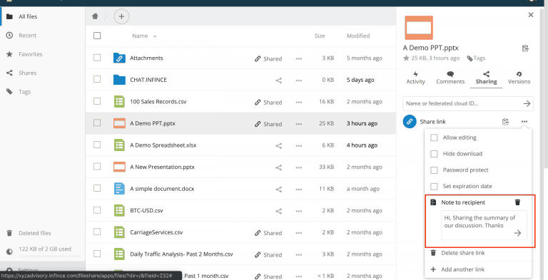 Add notes to file share recipient